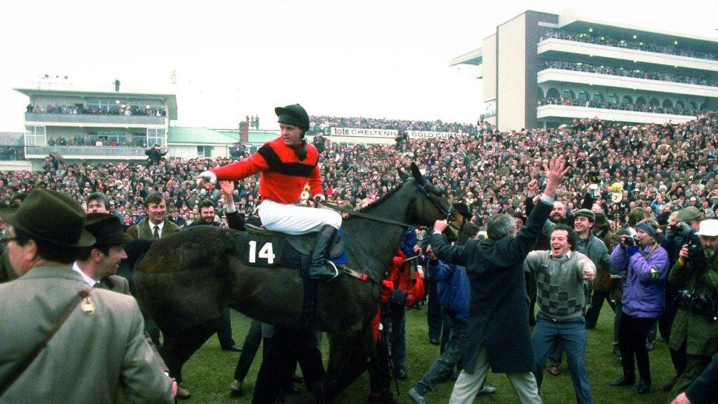 Never to be forgotten: Jonjo O'Neill and Dawn Run return to chaotic scenes in the winner's enclosure after the 1986 Gold Cup