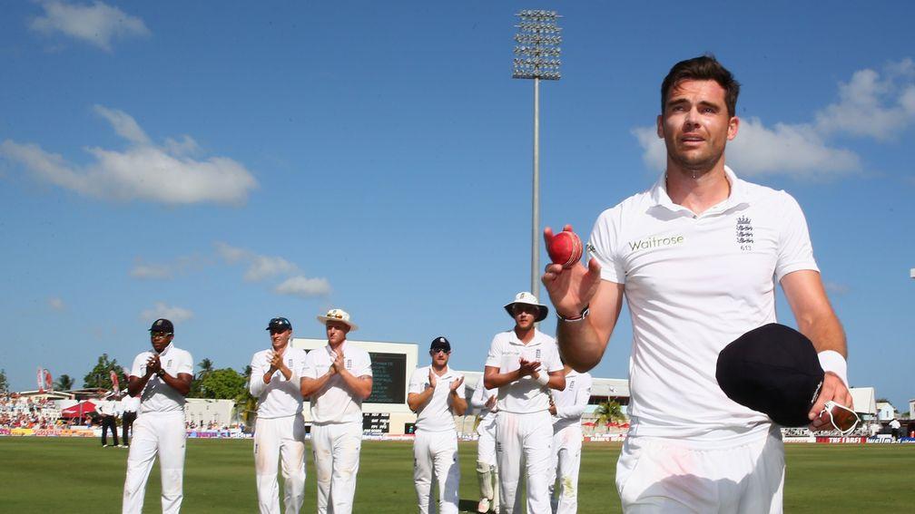 James Anderson leads England off after taking 6-42 against the West Indies in Barbados in 2015