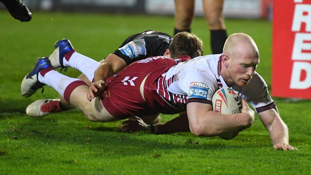 England's Liam Farrell touches down for Wigan Warriors