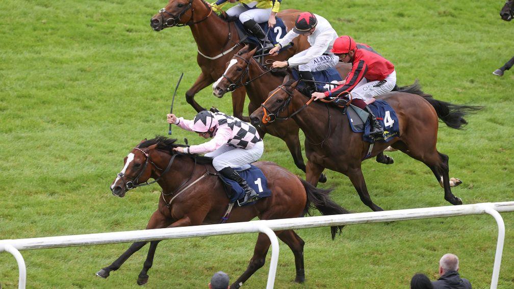 Curragh Sun 11 September 2022Streets Of Gold ridden by Charles Bishop winning The Tattersalls Ireland Super Auction Sale Stakes from Tostado ridden by Ryan Moore, far side, 2nd, Dandy Alys ridden by Rob Hornby, 3rd, red cap, and Freedom Falls ridden by Ro