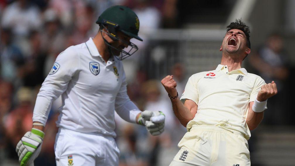 England bowler James Anderson celebrates after dismissing South Africa batsman Dean Elgar