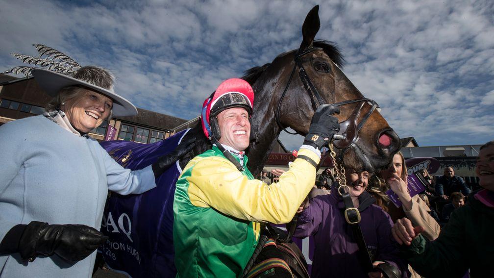 Jessica Harrington and Robbie Power after Supasundae's victory in the 2018 Punchestown Champion Hurdle