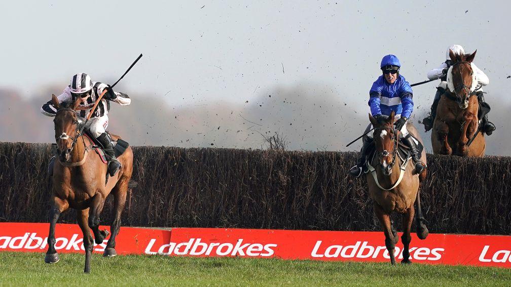 Danny Whizzbang (Harry Cobden, left) has the measure of Reserve Tank and Ardlethen starting up the run-in in the Ladbrokes John Francome Novices' Chase