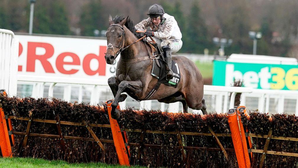 ESHER, ENGLAND - JANUARY 08: Nico de Boinville riding Constitution Hill clear the last to win The Unibet Tolworth Novices' Hurdle at Sandown Park Racecourse on January 08, 2022 in Esher, England. (Photo by Alan Crowhurst/Getty Images)
