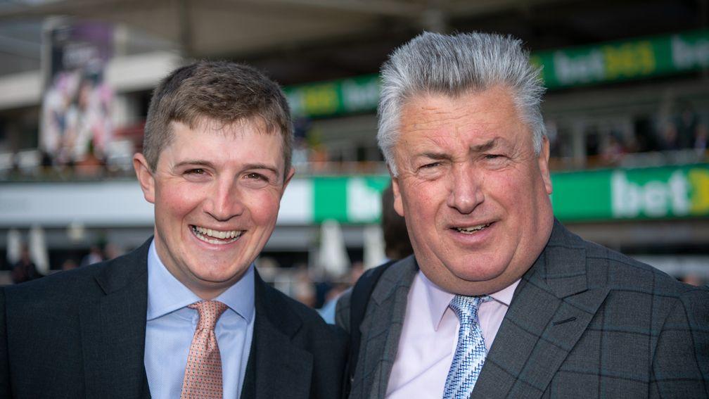 Paul Nicholls (right) with departing assistant Harry Derham at Sandown on Saturday