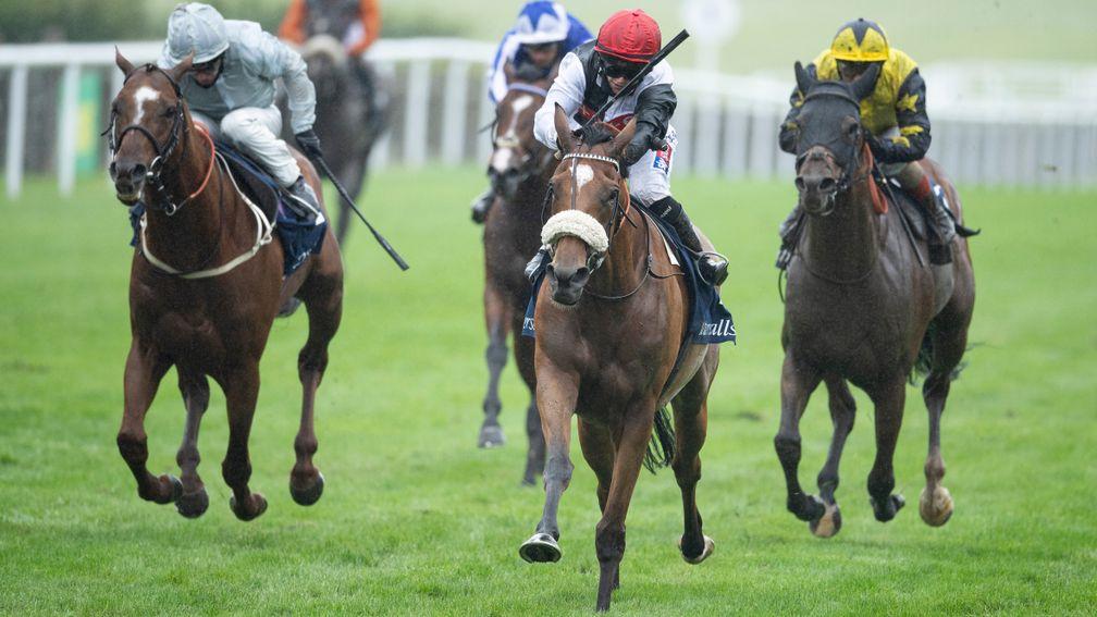Hollie Doyle riding Dame Malliot (noseband) to victory in the the Princess Of Wales's Tattersalls Stakes
