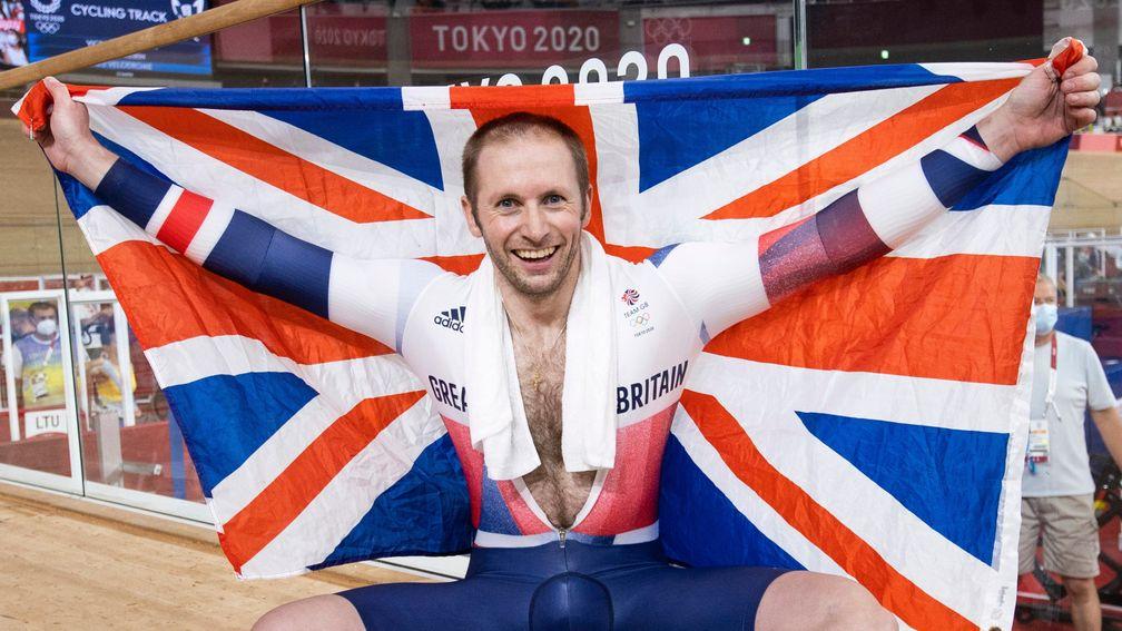 Jason Kenny celebrates his victory in the men's keirin