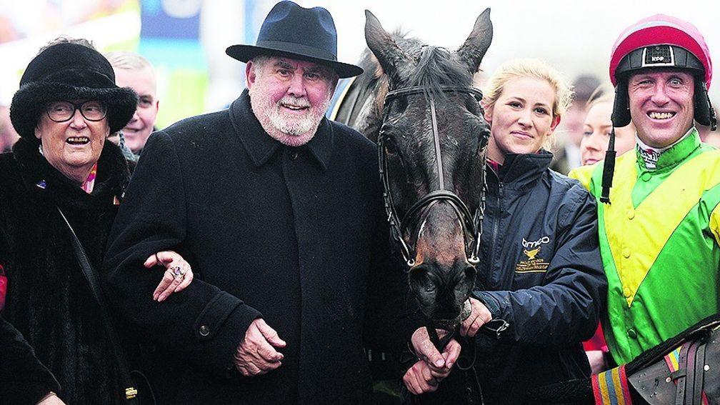 Robbie Power with Ann and Alan Potts and groom Ashley Hussey after Sizing John's Cheltenham Gold Cup victory