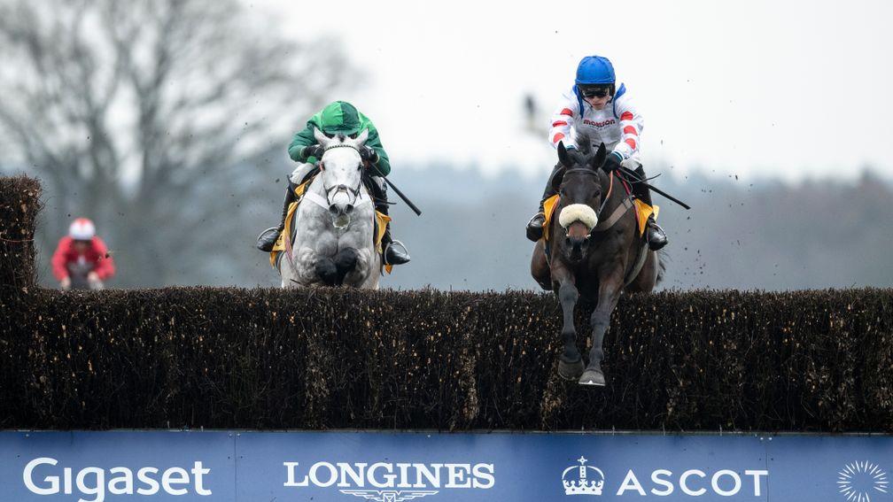 Clan Des Obeaux (Harry Cobden,right) jumps the last fence and beats Terrefort in the Denman ChaseAscot 16.2.19 Pic: Edward Whitaker