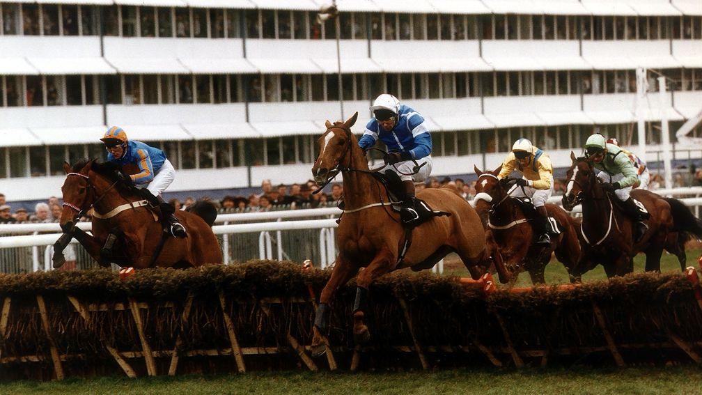 Granville Again (Peter Scudamore) jumps the last ahead of Royal Derbi (left) on his way to Champion Hurdle success in 1993.