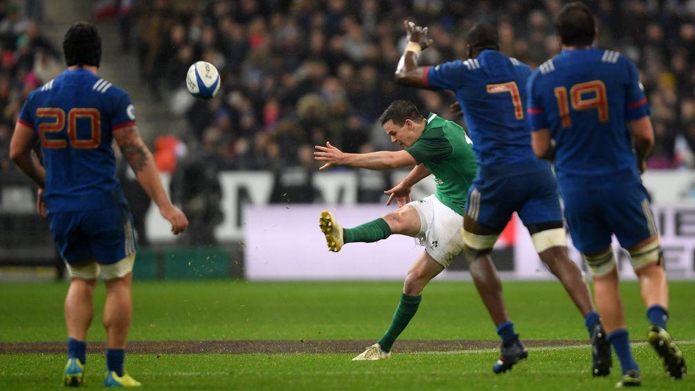 Jonathan Sexton kicks Ireland's winning drop goal against France