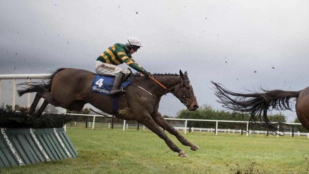 Ilikedwayurthinkin and Mark Walsh jump the last in fifth in the 2m handicap hurdle at Fairyhouse on Saturday