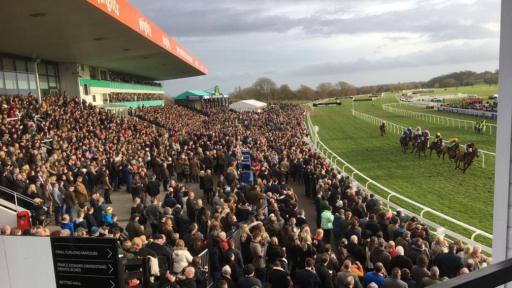 The huge crowd watch the runners in the 3m chase at Uttoxeter