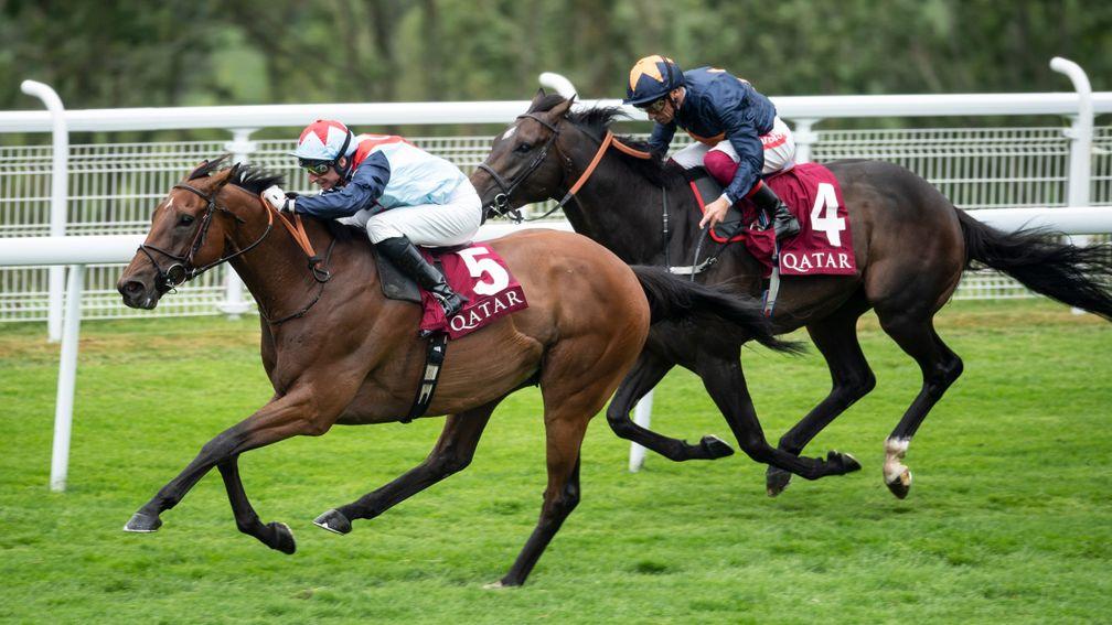 Sir Dancealot (Gerald Mosse) beats Hey Gaman (Frankie Dettori) in the Lennox Stakes30.7.19 Pic: Edward Whitaker