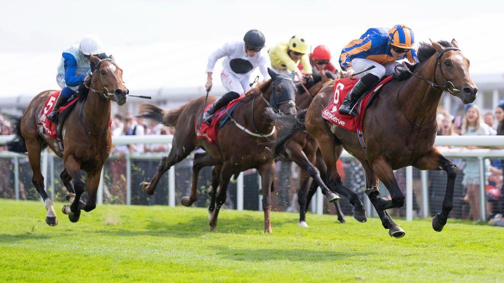 Star Of India (Ryan Moore) wins the Dee Stakes from Cresta (white) and Sonny Liston (left)