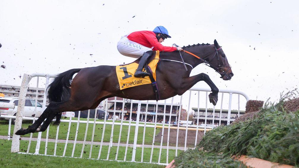 The Henry de Bromhead-trained A Plus Tard puts in a great leap on his way to victory in the Betfair Chase at Haydock in November