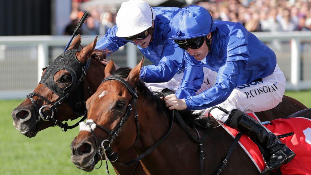 Benbatl (blue cap) lands the Ladbrokes Stakes under Pat Cosgrave