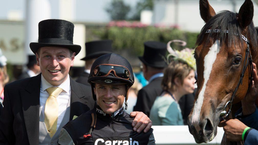 Richard Spencer celebrating Royal Ascot success with his Coventry Stakes winner Rajasinghe and jockey Stevie Donohoe