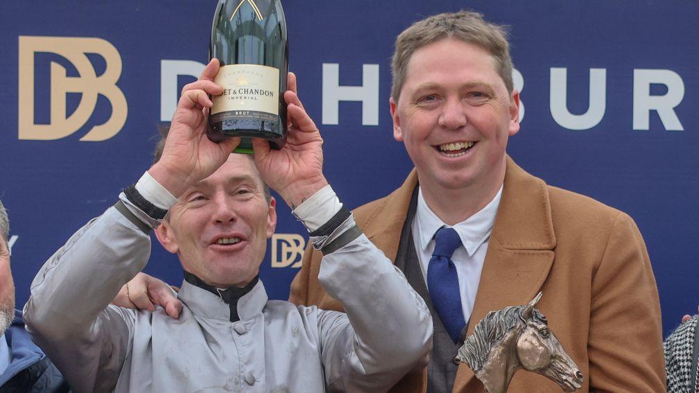 Gabriel Leenders (right) and Johnny Charron celebrate after Gold Tweet's success in the Dahlbury Stallions At Chapel Stud Cleeve Hurdle