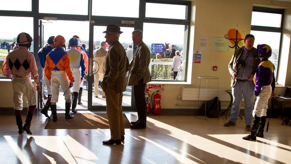 Jockeys leaving the weigh room to ride in the finale Navan Photo: Patrick McCann 05.09.2015