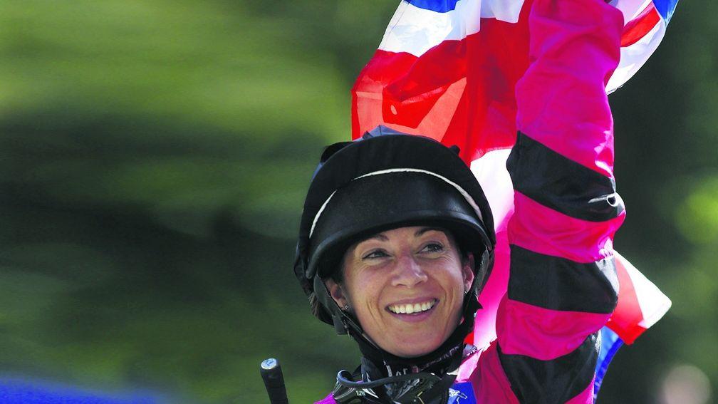 Hayley Turner, pictured after winning last year's Shergar Cup Mile, will now be riding for the Girls team on Saturday