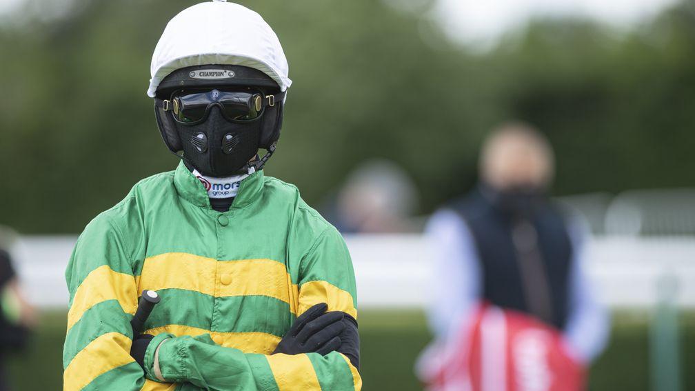 Harry Cobden with his face mask at Southwell on Wednesday