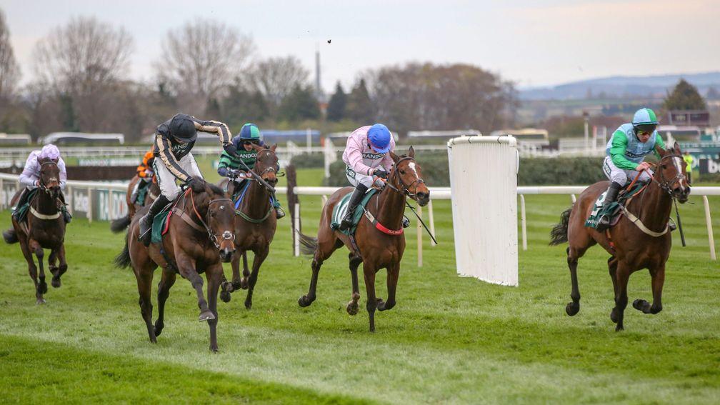 Thebannerkingrebel (right) was not far off McFabulous (black cap) at Aintree in April