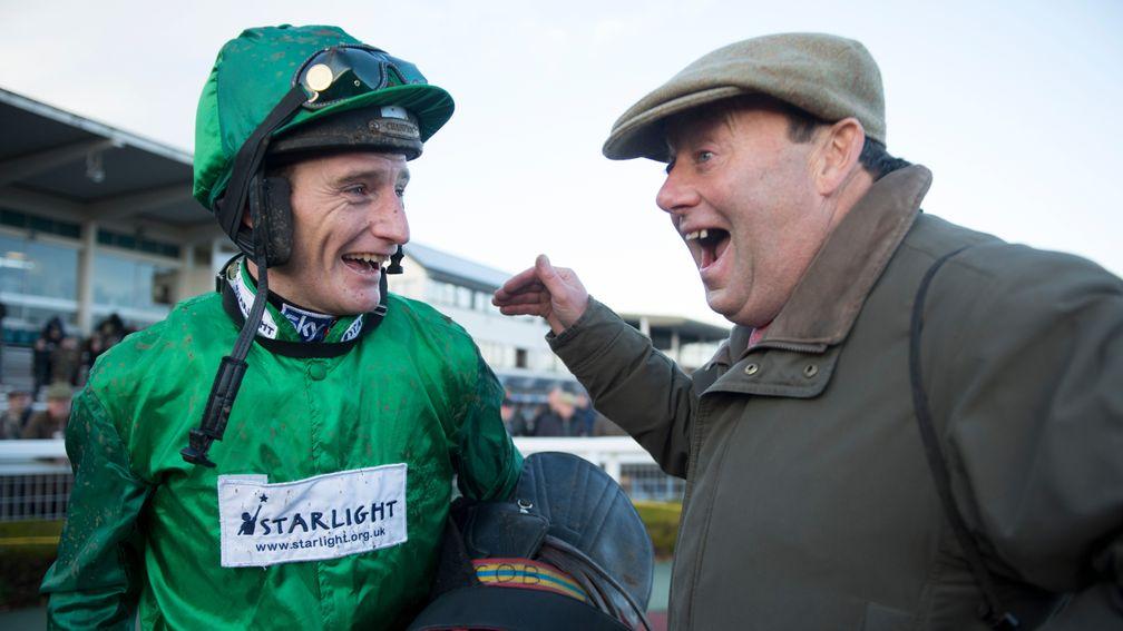 All smiles: Daryl Jacob and Nicky Henderson are in great spirits after Top Notch's victory in the 2017 Peterborough Chase