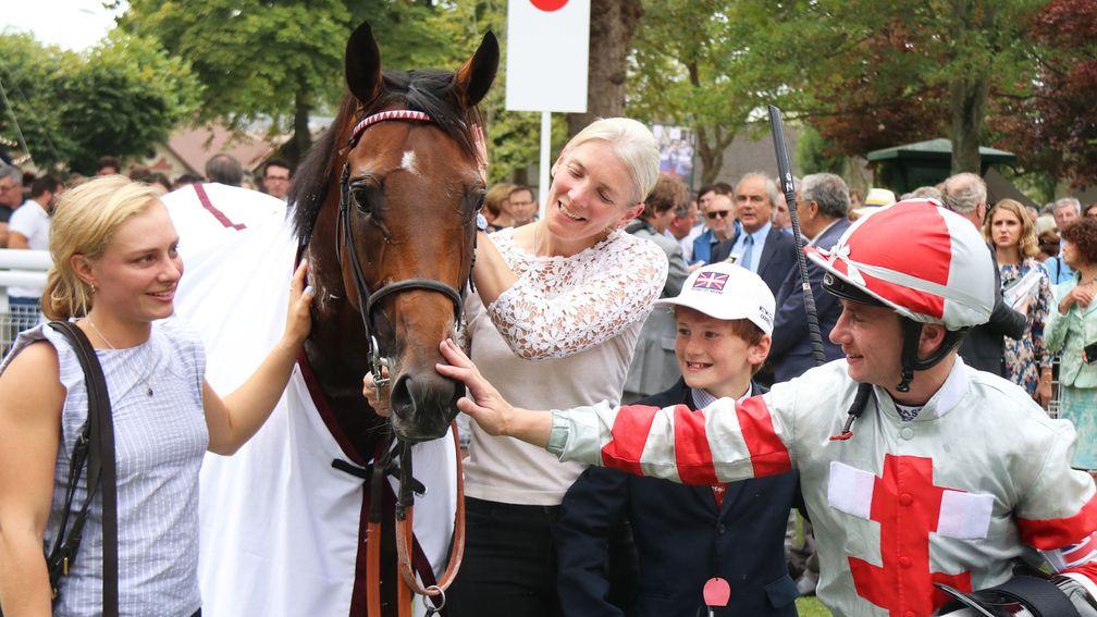 Knight To Behold is congratulated by Christina and William Dunlop after landing the Prix Guillaume d'Ornano at Deauville under Oisin Murphy