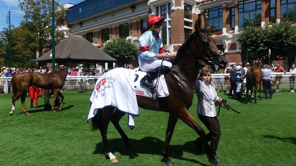 Sydneyarms Chelsea and Ryan Moore after winning the Group 3 Prix Six Perfections at Deauville
