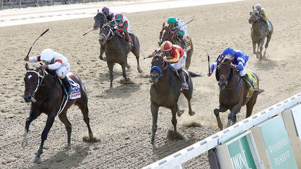 ELMONT, NEW YORK - JUNE 08:  Mitole with Ricardo Santana Jr. up wins The Runhappy Metropolitan Stakes at Belmont Park on June 08, 2019 in Elmont, New York. (Photo by Nicole Bello/Getty Images)