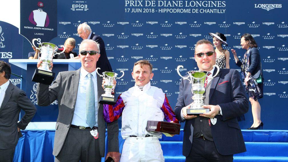Prix de Diane winner Laurens with (l-r) trainer Karl Burke, jockey PJ McDonald and owner John Dance