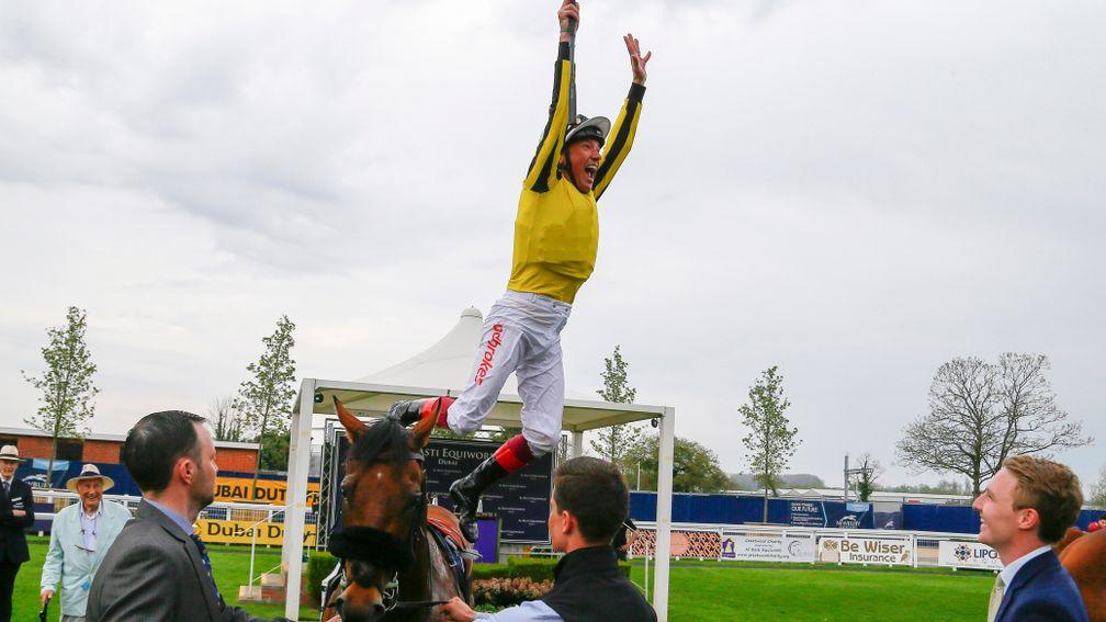 James Garfield - Frankie Dettori leaps off his winnerThe Al Basti Equiworld Supporting Greatwood Greenham Stakes (Group 3) Newbury 21/4/2018©cranhamphoto.com
