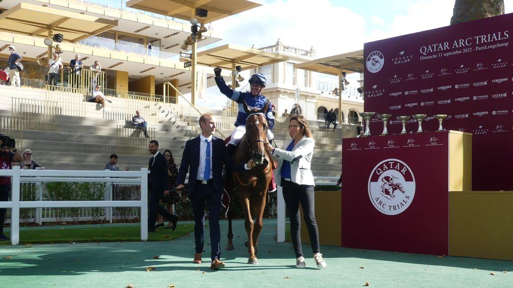 Gregory Benoist punches the air after Simca Mille's victory in the Group 2 Qatar Prix Niel at Longchamp