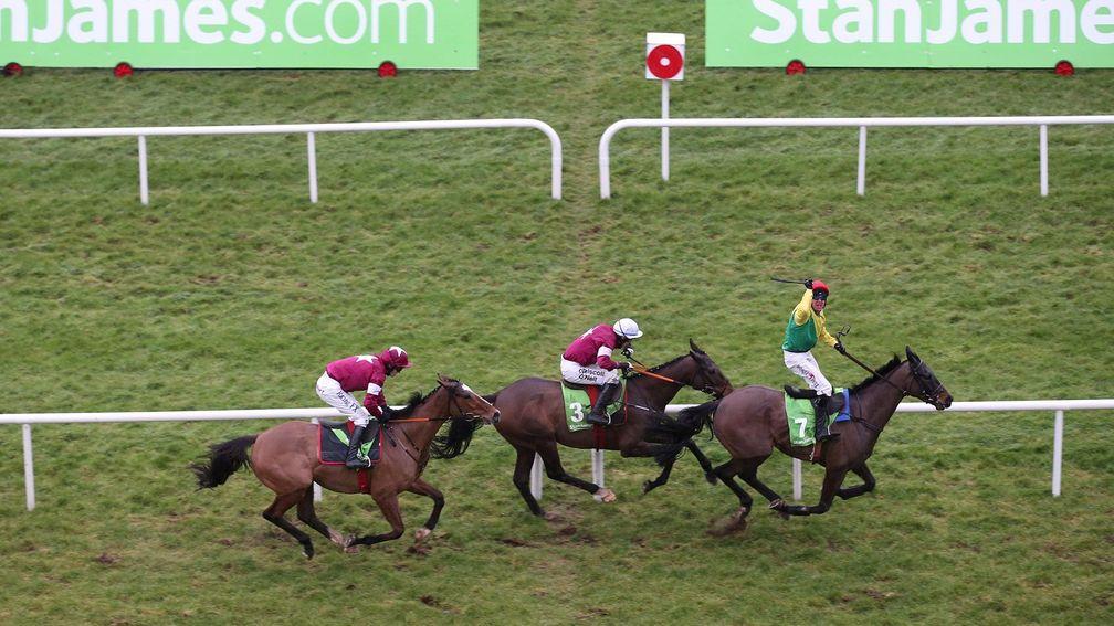 Don Poli, left, pictured here finishing third to Sizing John in the 2017 Irish Gold Cup at Leopardstown