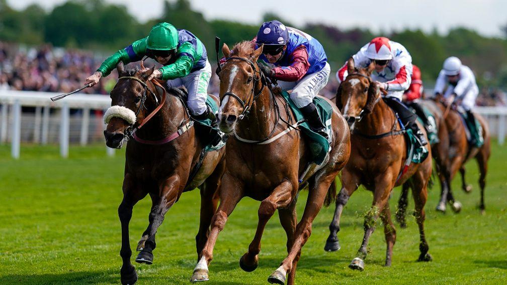 YORK, ENGLAND - MAY 12: David Allan riding Cruyff Turn (blue/red) win The Paddy Power Hambleton Handicap at York Racecourse on May 12, 2022 in York, England. (Photo by Alan Crowhurst/Getty Images)
