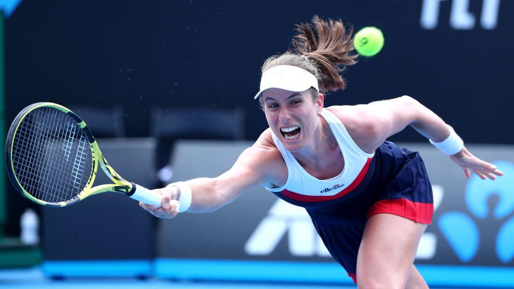 Johanna Konta reaches wide to play a forehand in her first round victory over Ajla Tomljanovic