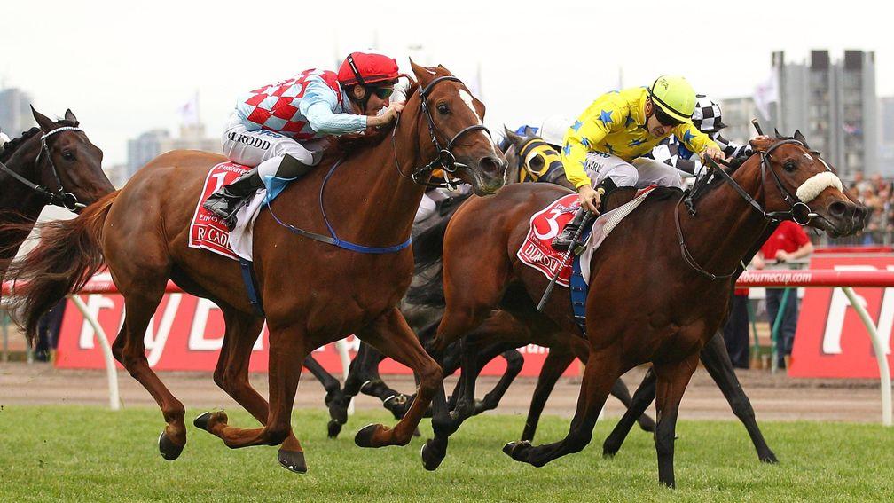 Dunaden (yellow) records his most famous victory in the 2011 Melbourne Cup