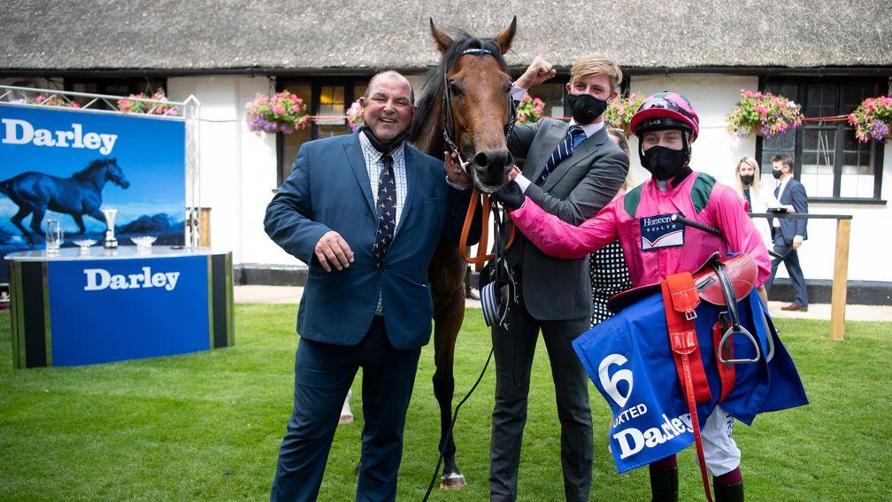 Oxted (Cieren Fallon) and trainer Roger Teal after winning the Darley July Cup StakesNewmarket 11.7.20 Pic: Edward Whitaker/Racing Post