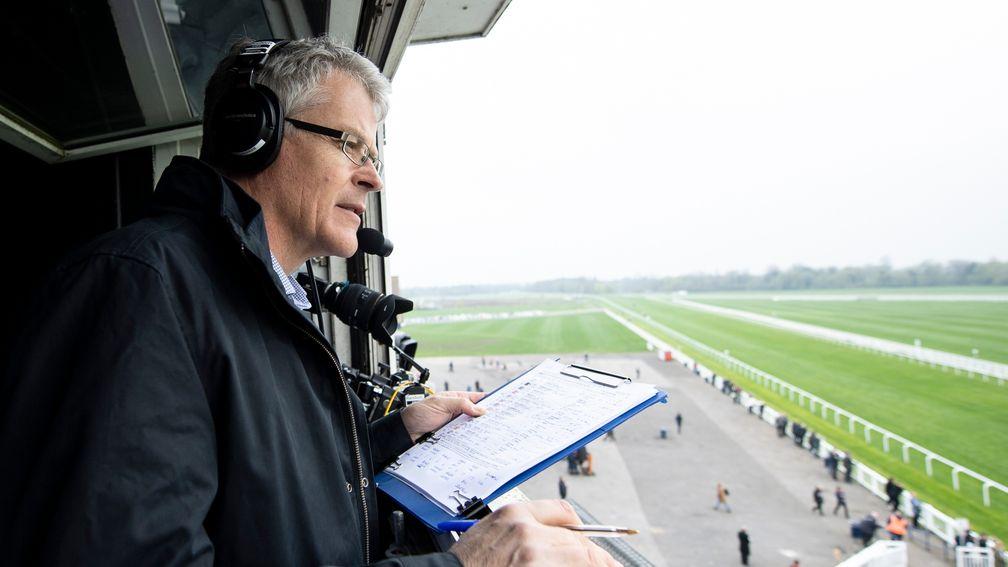Racecourse commentator Mike CattermoleWindsor 8.4.19 Pic: Edward Whitaker