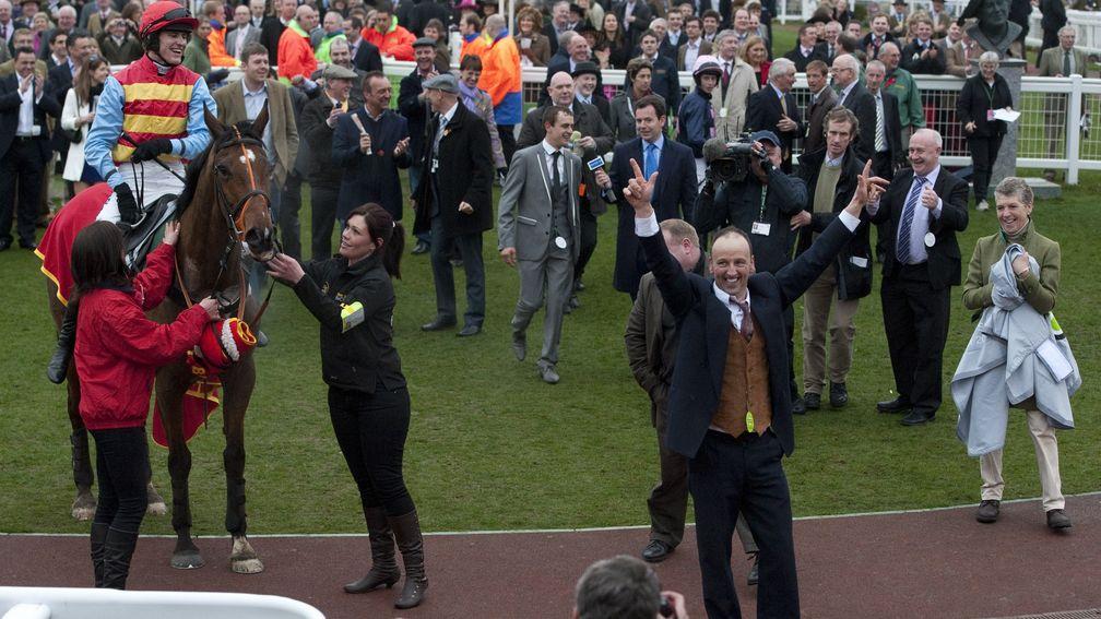 What a moment for Anthony Knott as he returns to the Cheltenham winner's enclosure following Hunt Ball's victory in 2012