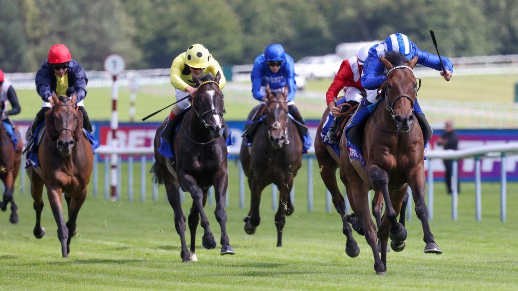 Anmaat (right): surges clear to win the Rose of Lancaster by four lengths