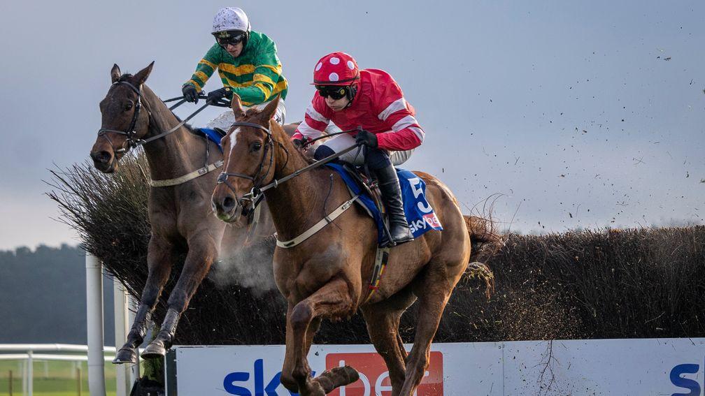 Spillane's Tower (left) jumps the last behind Blood Destiny but gets up to win at Punchestown