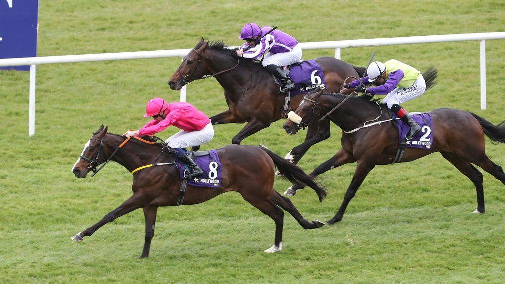Curragh Sun 10 April 2022Lafayette ridden by Oisin Orr winning The Hollywoodbets Alleged Stakes from High Definition ridden by Ryan Moore, 2nd, and Bear Story ridden by Ronan Whelan, 3rd.Photo.carolinenorris.ie