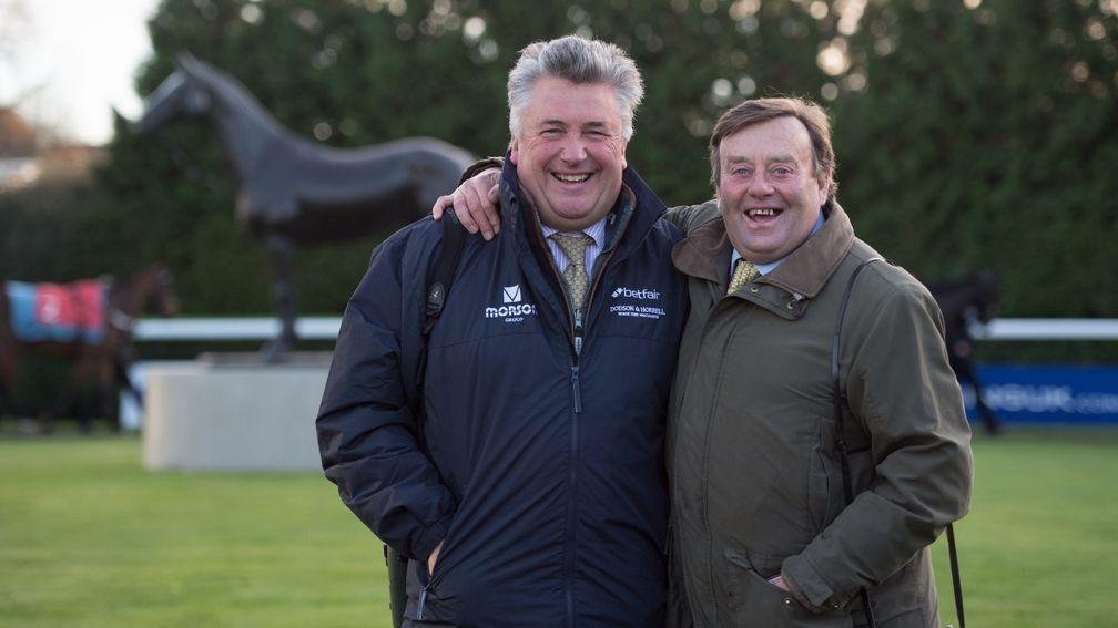 Paul Nicholls and Nicky Henderson in the paddock before the graduation chase for which they supplied the only two runners