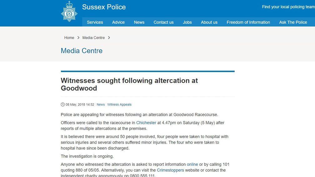 Sussex Police issued a statement on Tuesday afternoon
