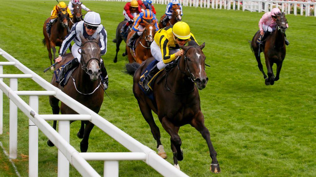 Different League (yellow) lands the Albany Stakes from subsequent Irish 1,000 Guineas heroine Alpha Centauri