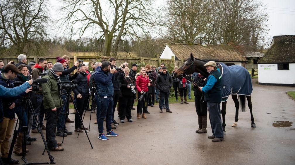 Nicky Henderson shows Altior off to the assembled press at Seven Barrows on Monday