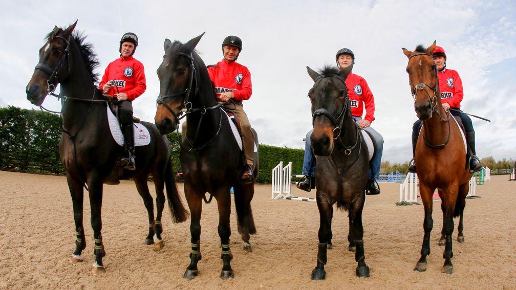 Champion jockeys AP McCoy, John Francome, Richard Dunwoody and Peter Scudamore get a show jumping lesson from Olympic show jumper Graham Fletcher