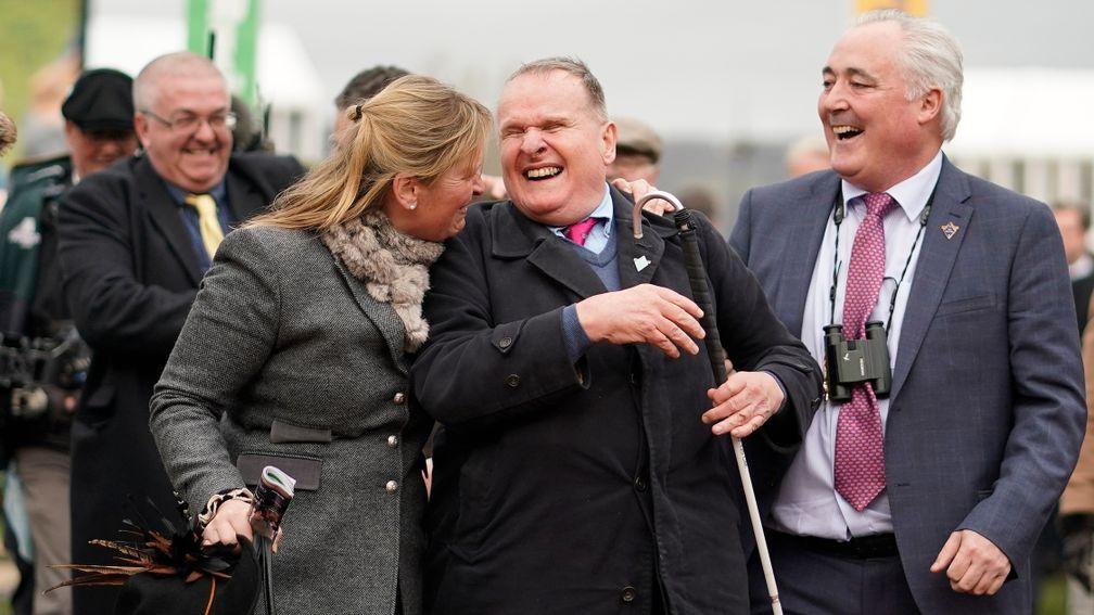 Andrew Gemmell is embraced by Emma Lavelle after Paisley Park's Cheltenham Festival triumph